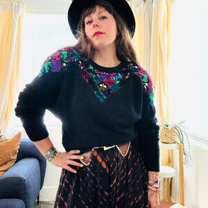 Vintage 80s Climax Black Lambswool Angora Bright Sequin Sweater | Size M/L